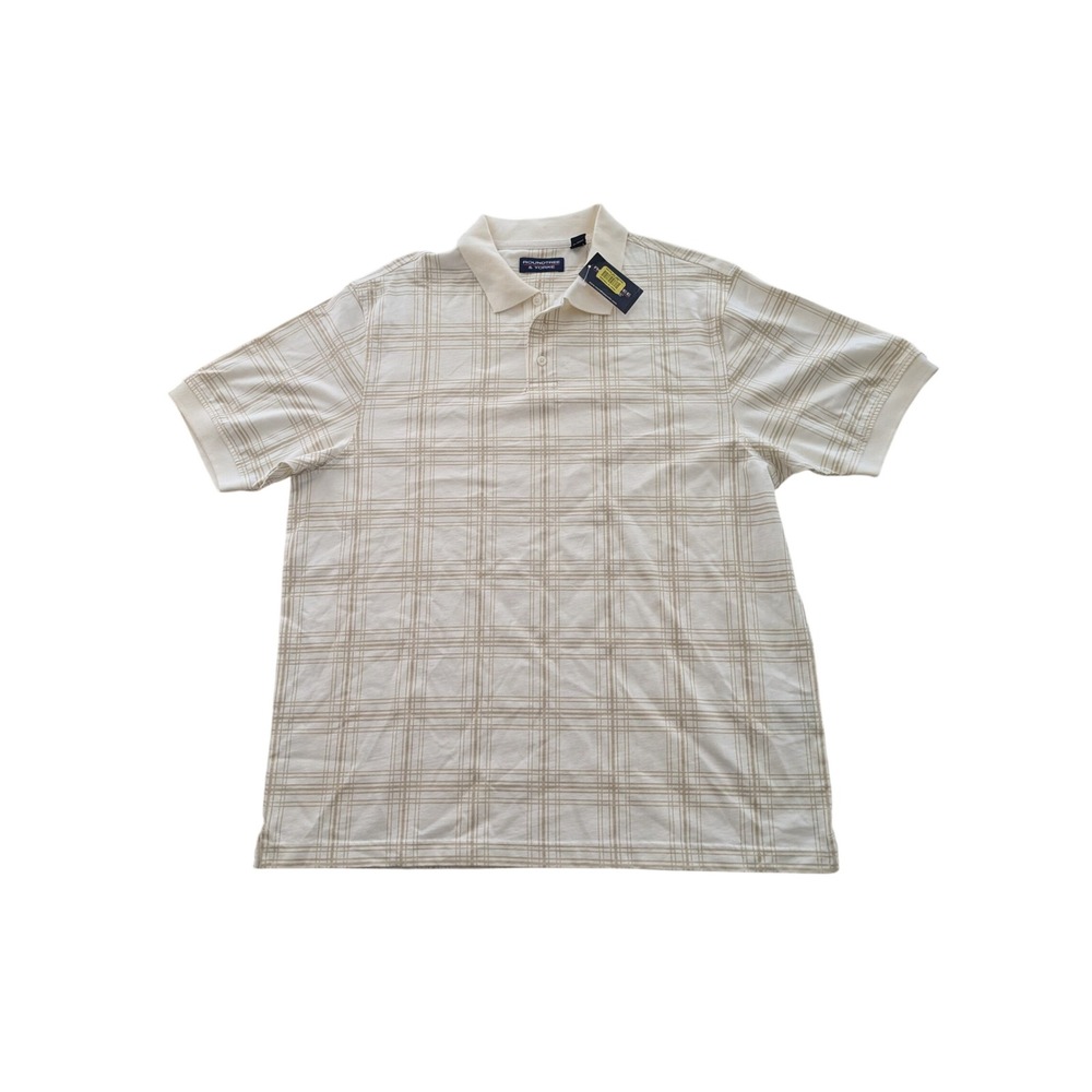 Roundtree & Yorke Mens Large Cream Tan Plaid Cotton Short Sleeve Polo Shirt NWT